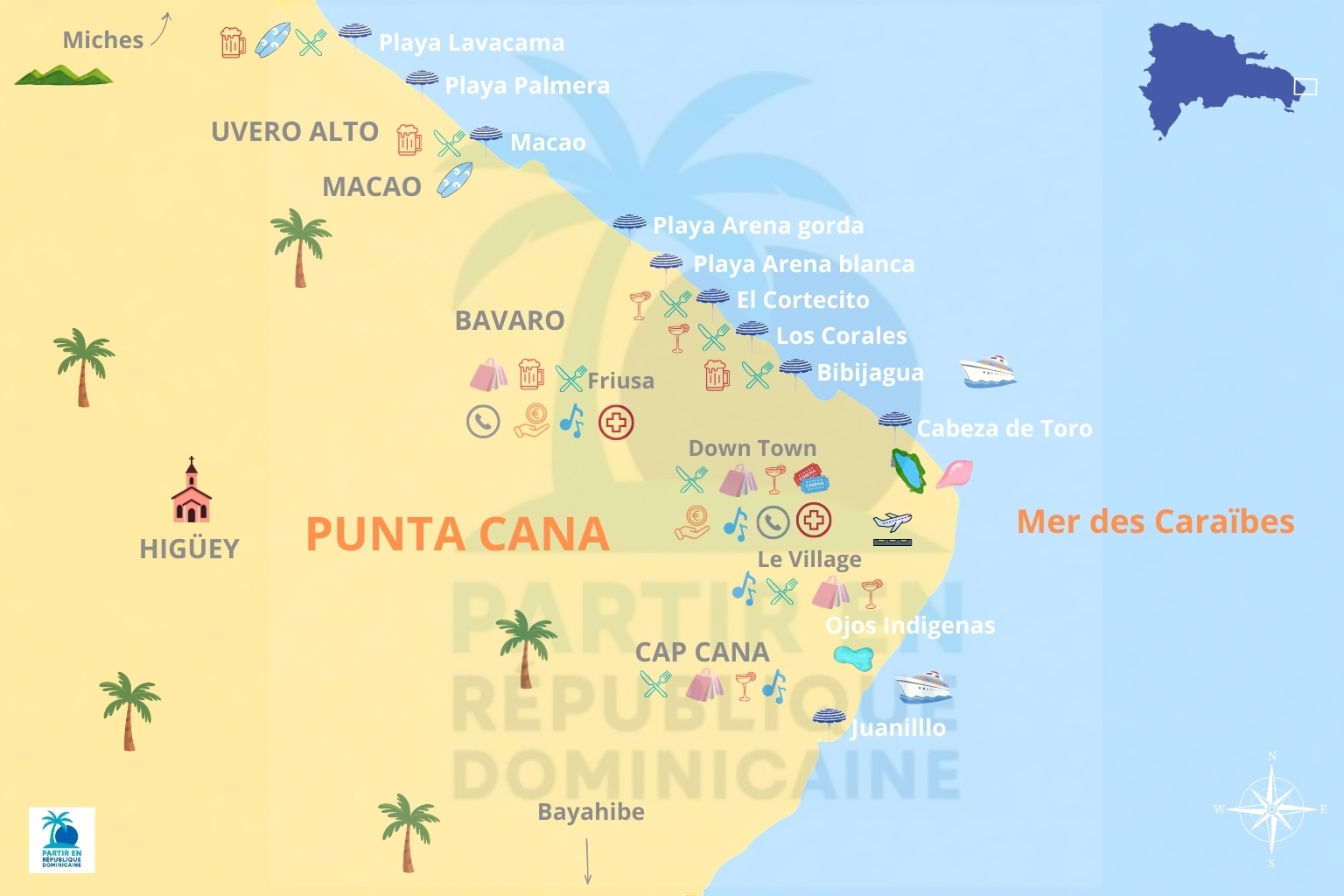 Carte de Punta Cana en République dominicaine Points d'intérêt à Punta Cana : plages, commerces, activités