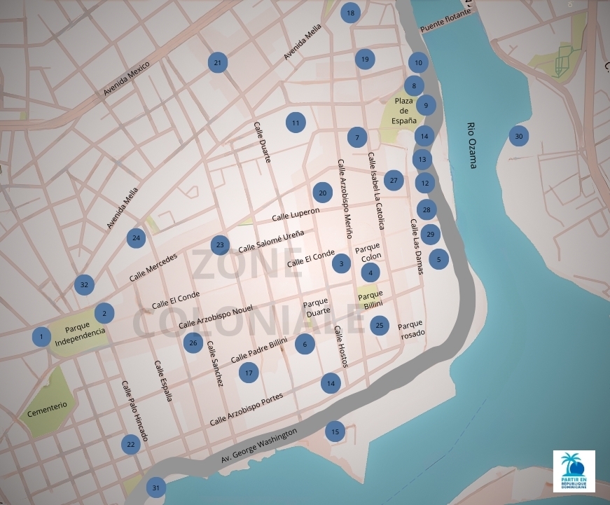 Carte de Saint-Domingue en République dominicaine Carte détaillée des monuments de la zone coloniale de Santo Domingo